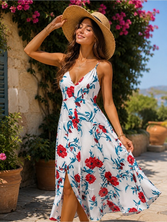 Bar III Dresses & Skirts - Bar III White Midi Dress with Red & Teal Floral Print
